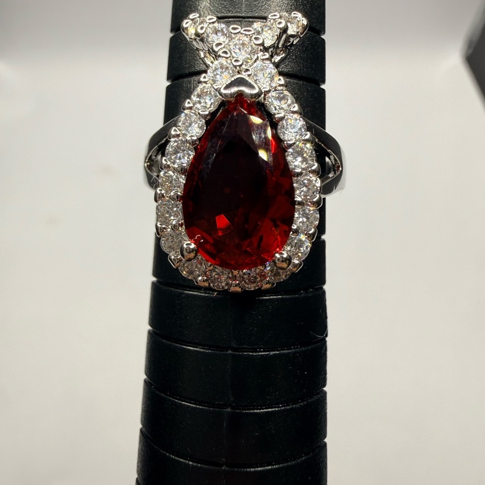 925 Sterling Silver Red Pear Cut Halo Ring Ruby Garnet Style CZ Size 7New
